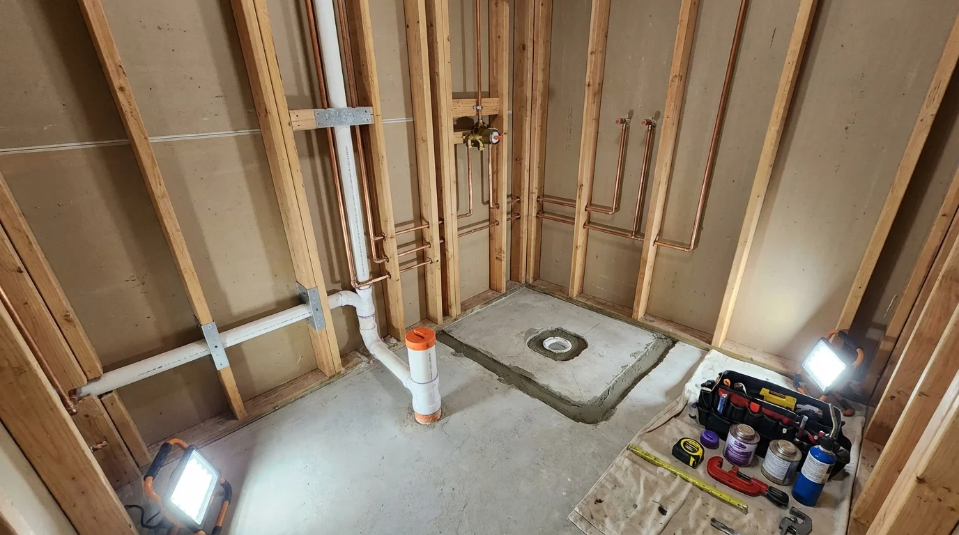 Bathroom rough-in plumbing during remodel by Johns Plumbing LLC in Fort Sumner
