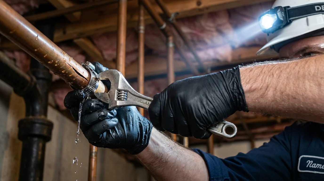 Emergency pipe clamp repair being performed by a Johns Plumbing LLC plumber in Fort Sumner