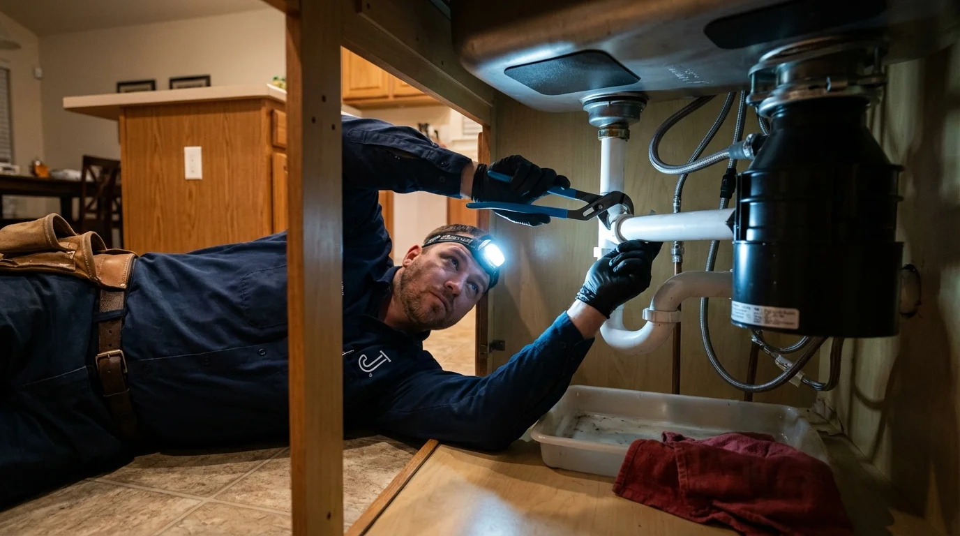 P-trap and supply line connections under a kitchen sink showing a common leak point in Fort Sumner, NM